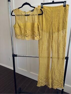 Fashion Nova Yellow Crochet Wide-Leg Pants & Crop Top Set